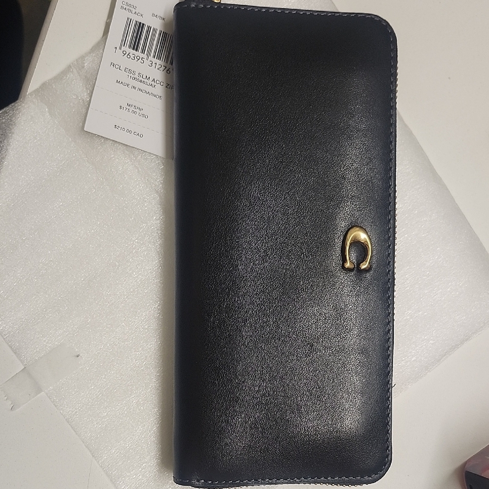 Coach Black Leather Zip Around Wallet with Gold Hardware